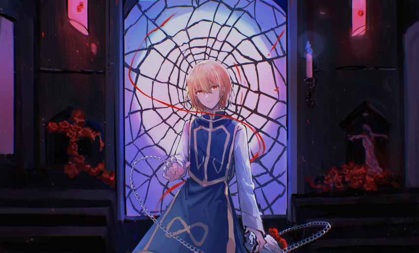 1boy absurdres blonde_hair blue_fire blue_tabard candle chain eyeball fire flower highres hunter_x_hunter jewelry kurapika looking_at_viewer male_focus multiple_rings red_eyes ring rose shirt short_hair solo tabard white_shirt xiuning233