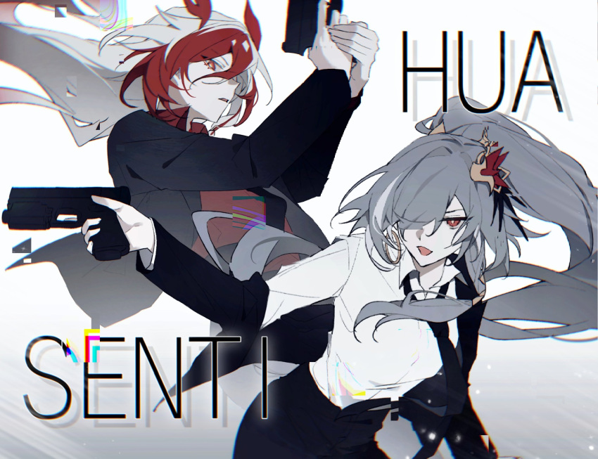 2girls alternate_costume alternate_hairstyle black_necktie black_pants black_sleeves character_name chinese_commentary dual_persona english_text finger_on_trigger formal fu_hua fu_hua_(fenghuang_of_vicissitude) fu_hua_(herrscher_of_sentience) grey_hair gun hair_between_eyes hair_over_one_eye handgun haruka_(rsyaooooo) high_ponytail highres holding holding_weapon honkai_(series) honkai_impact_3rd jewelry long_hair multicolored_hair multiple_girls necktie open_clothes open_mouth pants parted_lips red_eyes red_hair red_shirt shirt simple_background streaked_hair upper_body very_long_hair weapon white_background white_hair white_shirt white_sleeves yellow_pupils