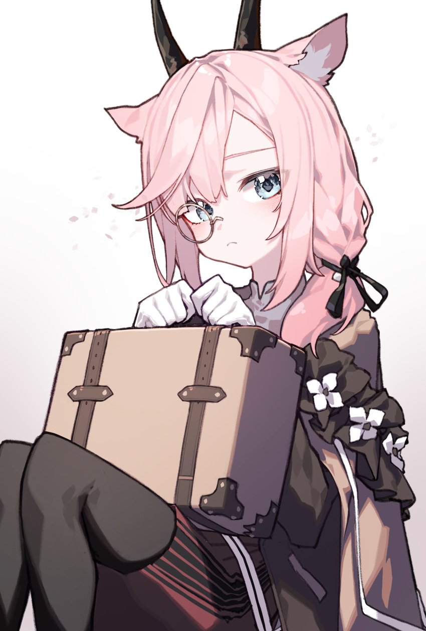 1girl absurdres animal_ears arknights beudelb character_request gloves goat_ears goat_girl goat_horns highres horns looking_at_viewer medium_hair monocle pink_hair ponytail simple_background sitting solo suitcase white_background white_gloves