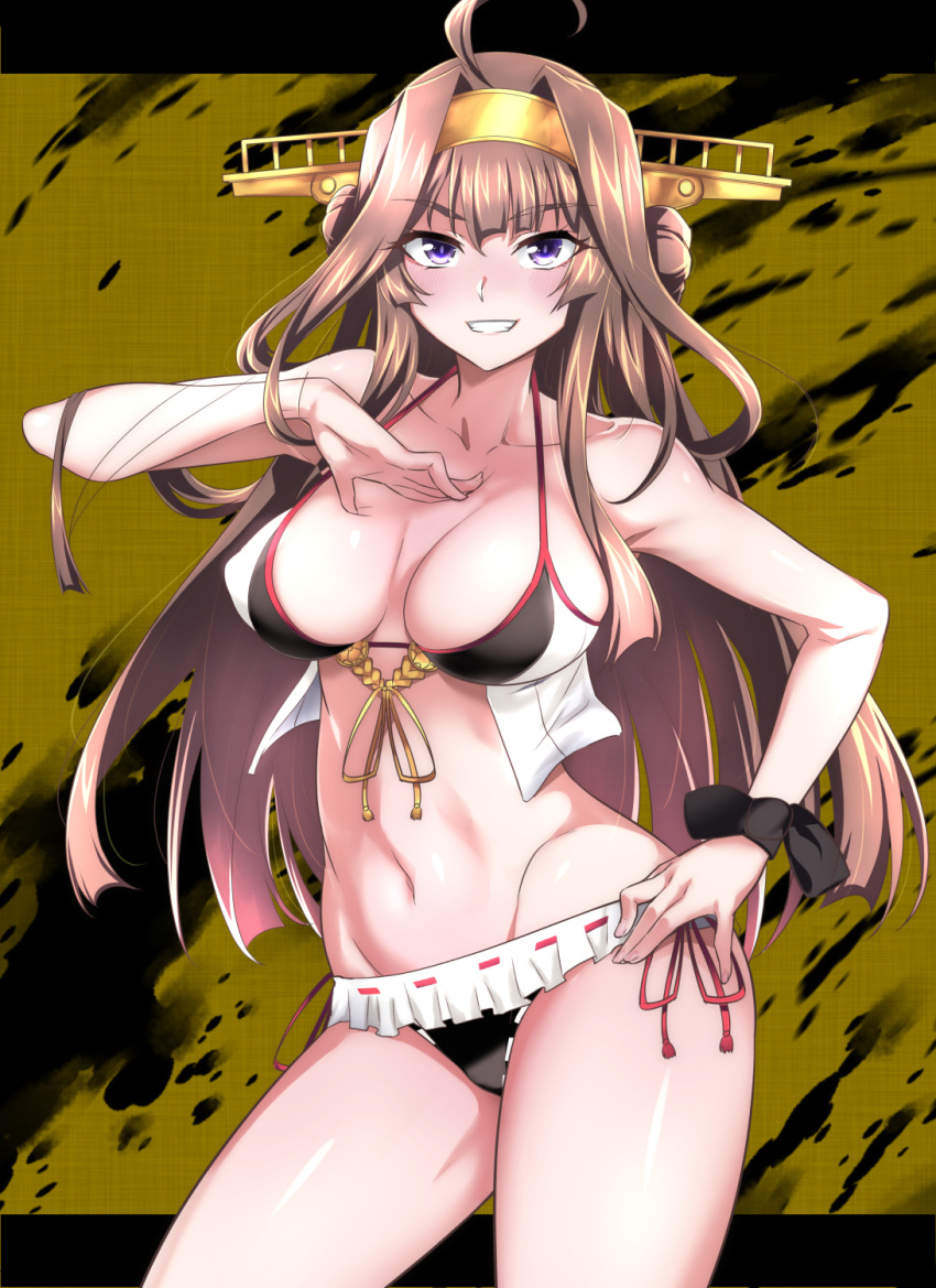 1girl ahoge alternate_costume bikini breasts brown_hair cleavage cowboy_shot double_bun gold_headwear hair_bun highres kantai_collection kongou_(kancolle) kongou_kai_ni_(kancolle) large_breasts long_hair looking_at_viewer nakahira_guy navel off_shoulder open_mouth purple_eyes smile solo swimsuit teeth