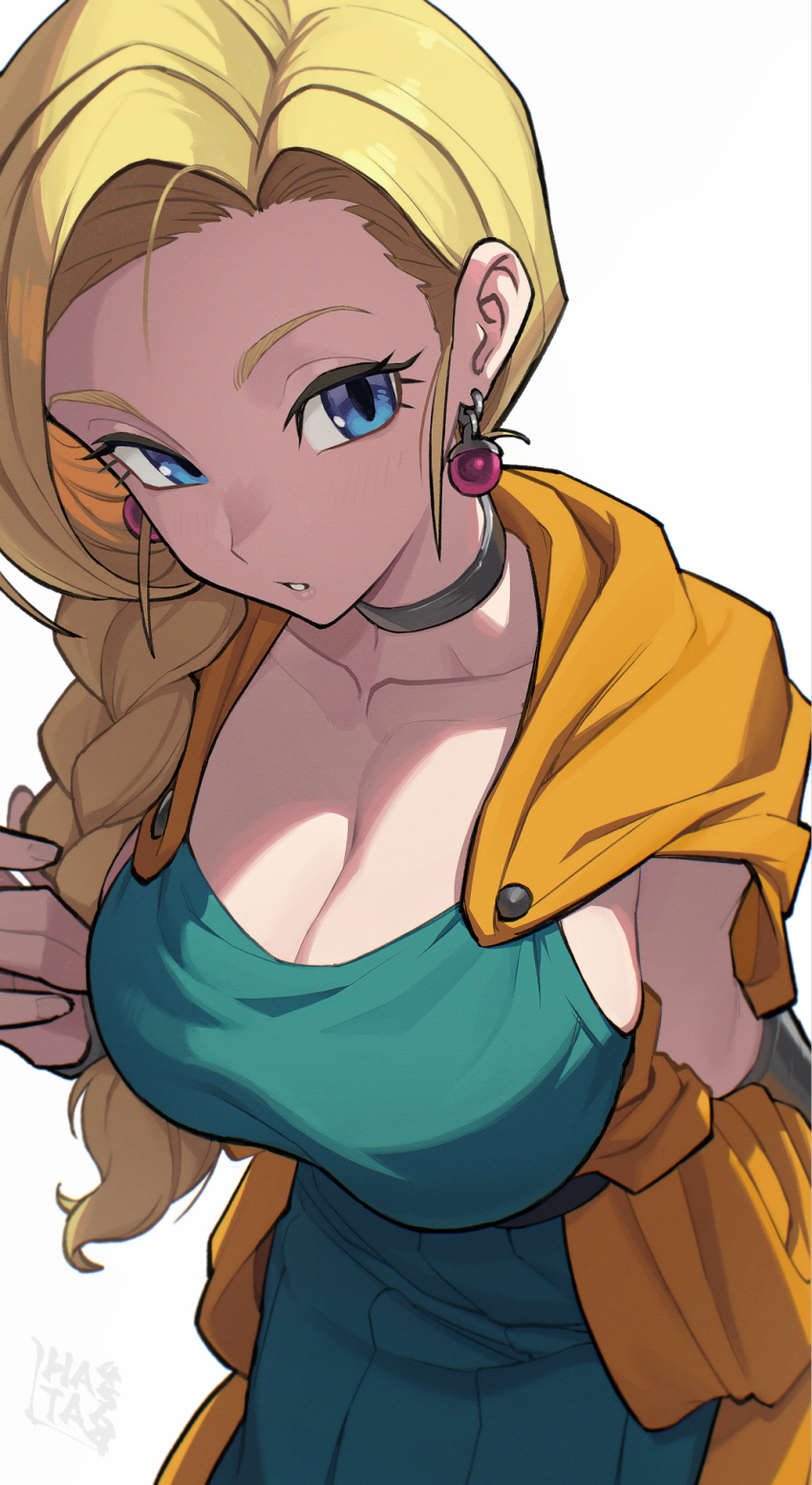 1girl artist_name bianca_(dq5) blonde_hair blue_eyes braid braided_ponytail breasts choker cleavage collarbone commentary dragon_quest dragon_quest_v dress earrings green_dress grey_choker hata4564 highres jewelry large_breasts looking_at_viewer parted_lips simple_background solo white_background