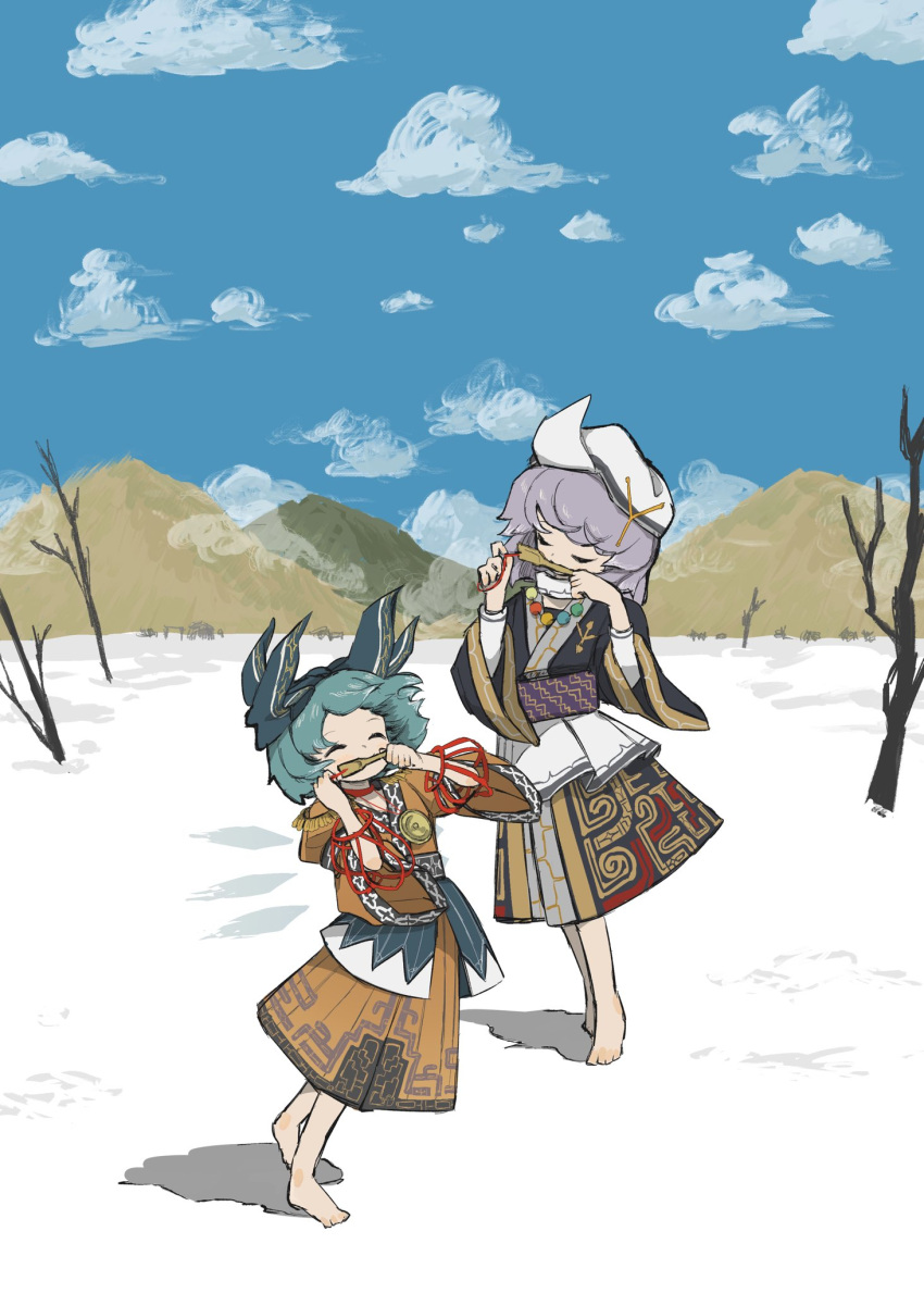 2girls ainu ainu_clothes alternate_costume aqua_hair bare_tree barefoot bead_necklace beads blue_sky bow brown_shirt brown_skirt cirno closed_mouth cloud day grey_bow grey_shirt hair_bow highres holding holding_instrument instrument jewelry lapel_pin letty_whiterock long_sleeves medium_hair mountainous_horizon mukkuri multiple_girls music necklace neruzou outdoors print_sash print_skirt purple_hair purple_sash sash shirt shirt_tucked_in skirt sky standing touhou tree white_headwear wide_sleeves wind
