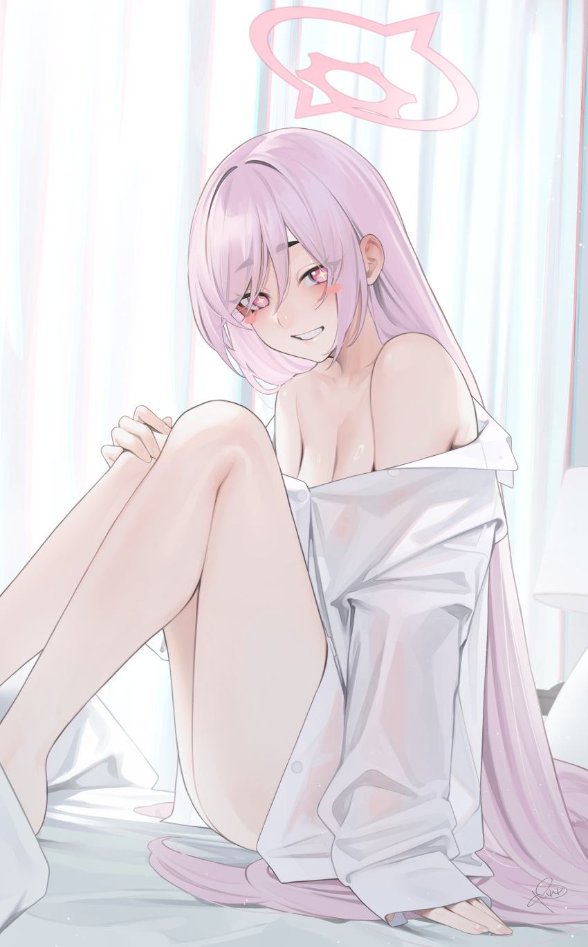 1girl absurdly_long_hair absurdres after_sex bare_shoulders bed blue_archive blush breasts cleavage collarbone commentary hair_down halo hand_on_own_knee highres knees_up koyuki_(blue_archive) long_hair looking_at_viewer off_shoulder ohisashiburi_(style) on_bed pillow pink_eyes pink_hair rerrere shirt smile star-shaped_pupils star_(symbol) symbol-shaped_pupils thick_eyebrows very_long_hair white_shirt