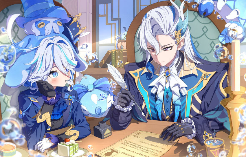 1boy 1girl ahoge air_bubble ascot asymmetrical_gloves black_gloves blue_ascot blue_brooch blue_coat blue_eyes blue_hair blue_headwear blue_jacket book bubble cake cake_slice candle closed_mouth coat dragon_boy feather_hair_ornament feathers food furina_(genshin_impact) genshin_impact gentilhomme_usher gloves hair_between_eyes hair_ornament hat heterochromia highres holding holding_pen indoors ink jacket light_blue_hair long_hair mademoiselle_crabaletta mismatched_gloves multicolored_hair neuvillette_(genshin_impact) on_chair paper pen plant pointy_ears potted_plant purple_eyes seero shadow short_hair sidelocks sitting streaked_hair surintendante_chevalmarin table top_hat two-tone_hair white_ascot white_gloves window_shade