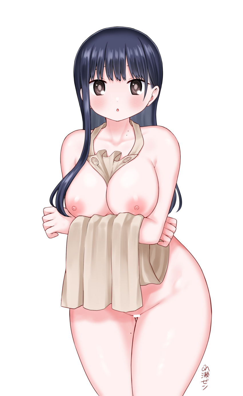 1girl :o apron artist_name bar_censor between_breasts blue_hair blunt_bangs blush boku_no_kokoro_no_yabai_yatsu breasts breasts_squeezed_together brown_eyes censored collarbone dark_blue_hair highres large_breasts long_hair looking_at_viewer mole mole_on_neck multiple_moles naked_apron nipples simple_background solo thick_thighs thighs white_apron white_background yamada_anna zeroasann