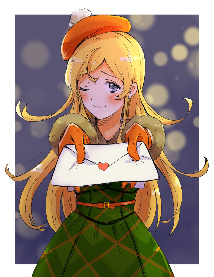 1girl ahoge belt beret blonde_hair blue_eyes blush border bow closed_mouth commentary_request cowboy_shot cropped_jacket dress envelope eyelashes fur-trimmed_jacket fur-trimmed_sleeves fur_trim giving gloves green_dress hat highres holding holding_envelope idolmaster idolmaster_million_live! jacket light_particles long_hair long_sleeves looking_at_viewer love_letter nervous_smile night night_sky one_eye_closed orange_belt orange_bow orange_gloves orange_headwear outside_border plaid plaid_dress pom_pom_(clothes) shinomiya_karen sky smile solo waist_bow wavy_mouth white_border white_jacket winter_clothes witoi_(roa)