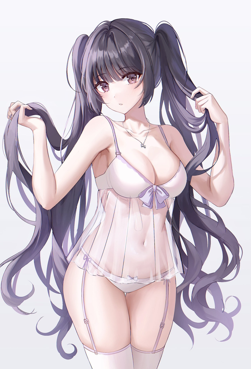 1girl black_hair bra breasts brown_eyes highres jewelry long_hair medium_breasts midriff navel necklace original panties solo stomach twintails underwear vb_vibe very_long_hair white_bra white_panties