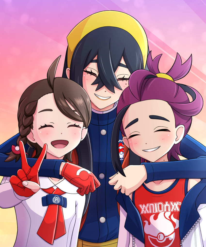 1boy 2girls :d absurdres ahoge black_hair blue_jacket blush braid brown_hair buttons carmine_(pokemon) closed_eyes collared_shirt commentary_request crossed_bangs eyelashes gloves grin hair_between_eyes hairband happy highres jacket juliana_(pokemon) kieran_(pokemon) long_hair long_sleeves multicolored_hair multiple_girls open_mouth partially_fingerless_gloves pokemon pokemon_sv purple_hair red_gloves red_shirt shirt sleeveless sleeveless_shirt smile tank_top teeth tongue two-tone_hair upper_body white_jacket white_shirt yellow_hairband yuu_(jgvj7873) zipper