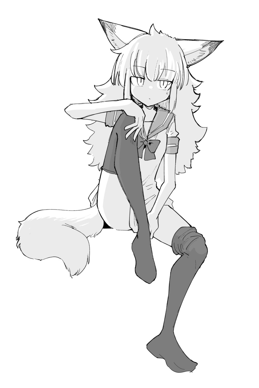 animal_ears black_thighhighs bottomless bow fox_ears fox_girl fox_tail full_body greyscale hand_on_own_knee highres invisible_chair knee_up long_hair looking_at_viewer messy_hair monochrome no_shoes original ribbon sailor_collar sakifox school_uniform serafuku short_sleeves simple_background sitting solo tail thighhighs thighhighs_pull undressing white_background