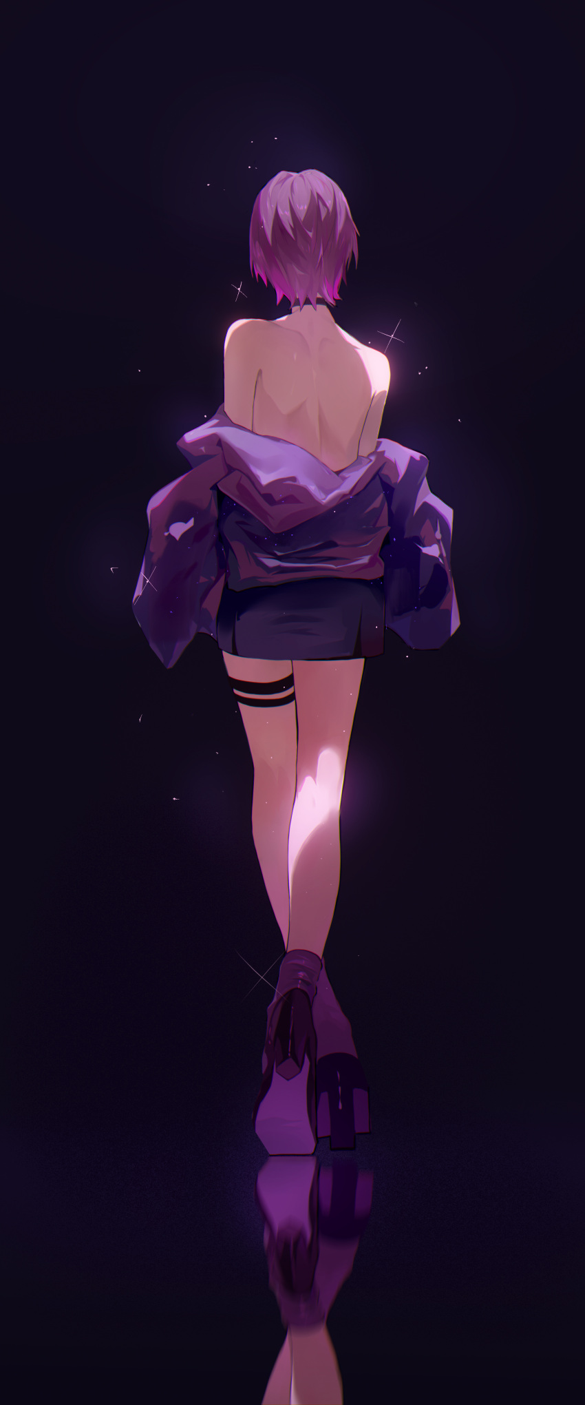 1girl a-soul absurdres back carol_(a-soul) dark_background facing_away full_body high_heels highres jacket off_shoulder pencil_skirt purple_footwear purple_hair purple_jacket purple_skirt reflective_floor short_hair skirt solo sparkle thigh_strap virtual_youtuber zzz_zhi_he