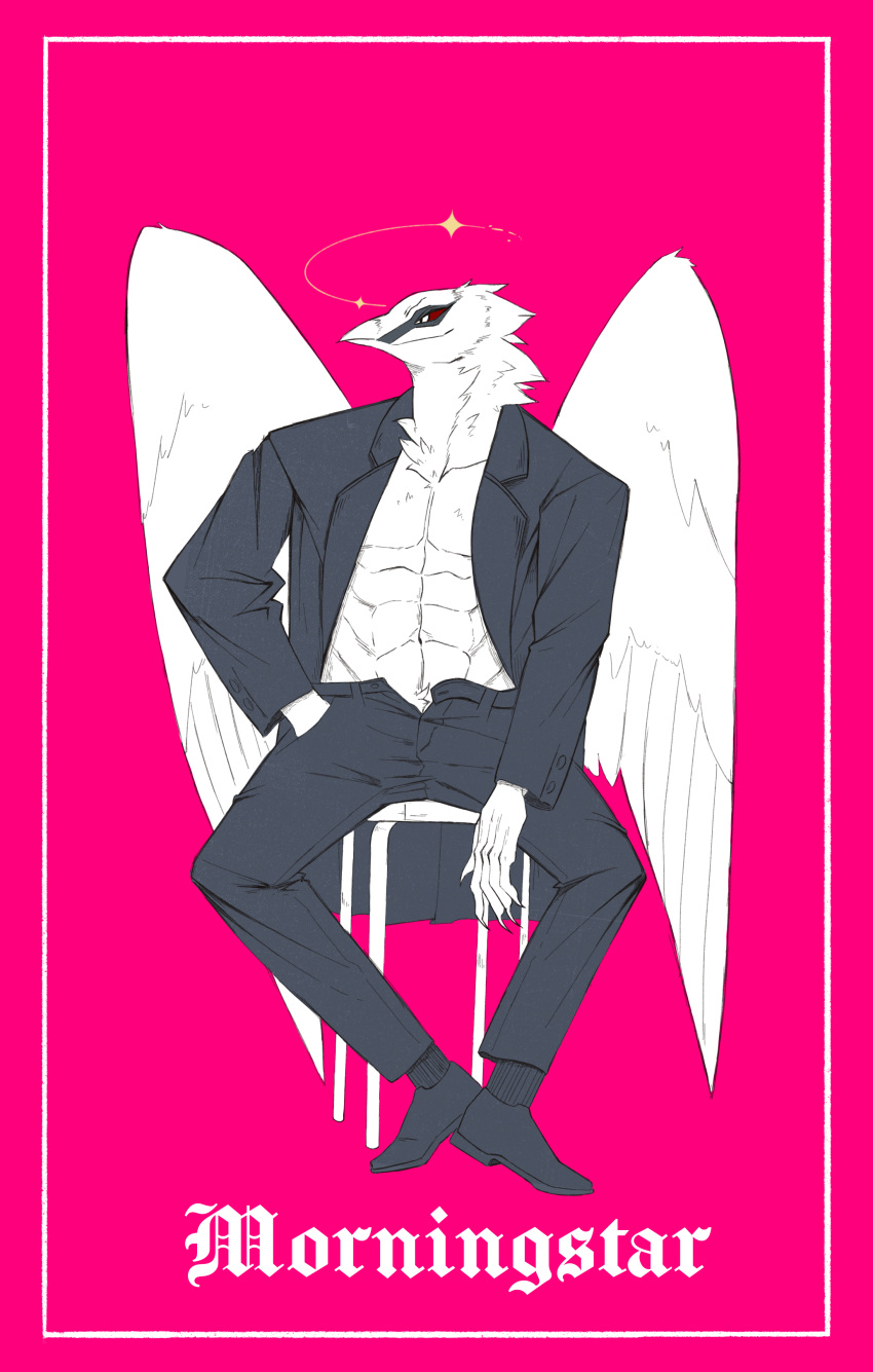 2022 5_claws 5_fingers abs absurd_res anthro avian avian_demon beak biped black_and_white_and_pink border character_name claws closed_smile clothed clothed_anthro clothed_male clothing demon digital_drawing_(artwork) digital_media_(artwork) english_text eye_markings feather_tuft feathered_wings feathers finger_claws fingers folded_wings footwear front_view full-length_portrait furgonomic_topwear furgonomics furniture halo hand_in_pocket head_tuft head_turned hi_res jacket male male_anthro markings morningstar_fatish mouth_closed muscular muscular_anthro muscular_male neck_tuft on_stool open_clothing open_jacket open_topwear pecs pink_background pink_border pockets portrait possumcrimes pubes pupils restricted_palette scp_foundation shoes simple_background sitting sitting_on_stool smile socks solo stool suit text topwear tuft unbuttoned white_text whore_of_blood wings yellow_halo