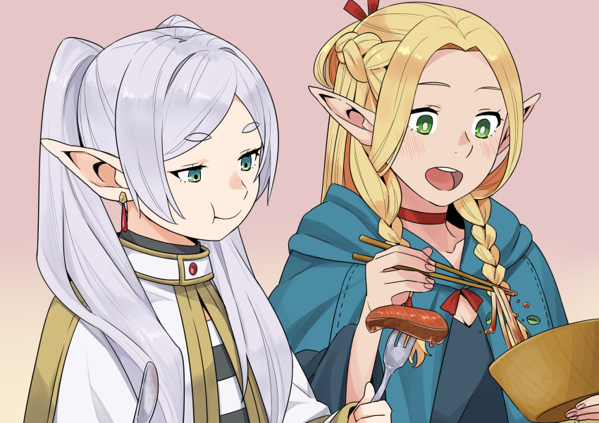 2girls :t absurdres blonde_hair blue_capelet blush bowl braid bright_pupils capelet choker chopsticks closed_mouth commentary_request crossover dungeon_meshi earrings eating elf fingernails food fork frieren gold_trim green_eyes grey_hair hair_around_ear hair_over_shoulder hair_ribbon highres holding holding_bowl holding_chopsticks holding_fork hood hooded_capelet jewelry long_hair looking_at_food low_twin_braids marcille_donato multiple_girls needle_(needlebomb) noodles open_mouth parted_bangs pink_background pointy_ears red_choker red_ribbon ribbon salmon season_connection shirt short_eyebrows side-by-side simple_background smile sousou_no_frieren species_connection striped_shirt teeth twin_braids twintails upper_body upper_teeth_only white_capelet white_pupils