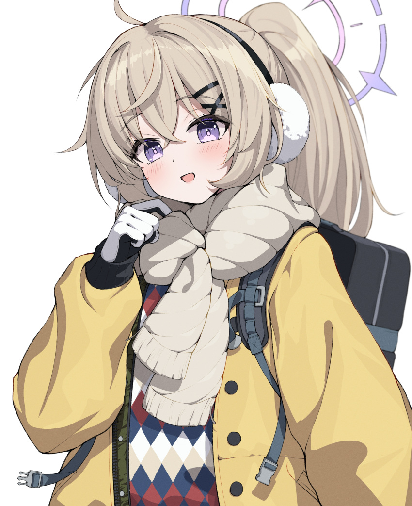 1girl absurdres backpack bag black_gloves blonde_hair blue_archive blush commentary_request earmuffs gloves halo highres jacket kotama_(blue_archive) kotama_(camp)_(blue_archive) long_hair long_sleeves looking_at_viewer no_eyewear okayusonmu open_clothes open_jacket open_mouth purple_eyes purple_halo scarf simple_background smile solo upper_body white_background white_scarf yellow_jacket