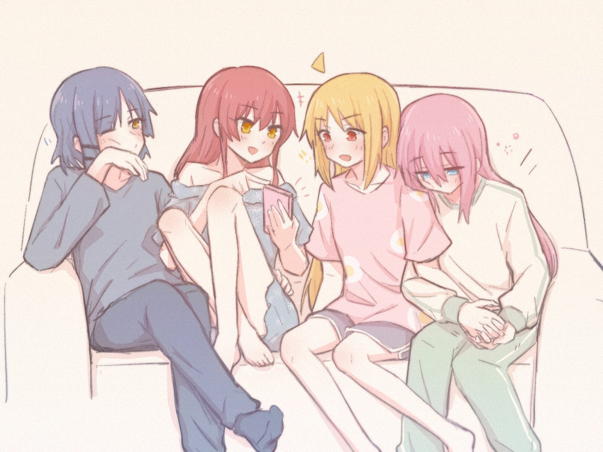 4girls ahoge alternate_costume barefoot blonde_hair blue_eyes blue_hair bocchi_the_rock! cellphone couch detached_ahoge hair_down highres holding holding_phone kessoku_band long_hair looking_at_phone medium_hair multiple_girls off_shoulder on_couch phone pink_hair red_eyes red_hair sitting yakaze_(yakaze1604) yellow_eyes