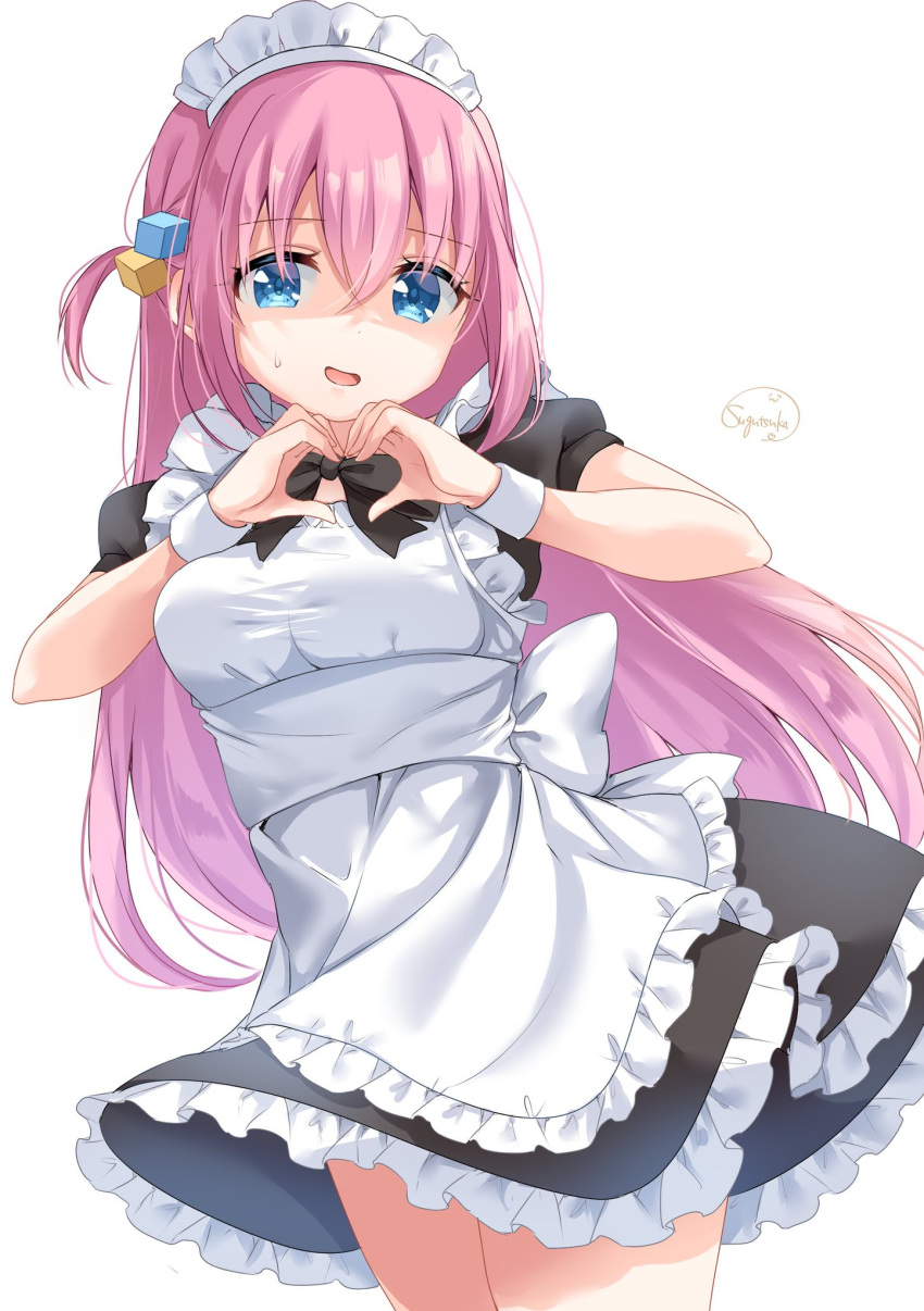 1girl alternate_costume apron artist_name black_bow black_bowtie blue_eyes bocchi_the_rock! bow bowtie breasts cowboy_shot enmaided eyebrows_hidden_by_hair frilled_apron frills gotoh_hitori hair_between_eyes hair_ornament hand_up head_tilt heart heart_hands highres large_breasts long_hair looking_at_viewer maid maid_apron maid_headdress one_side_up open_mouth pink_hair shaded_face short_sleeves shy signature solo sugutsuka_rerun sweatdrop very_long_hair white_apron white_background