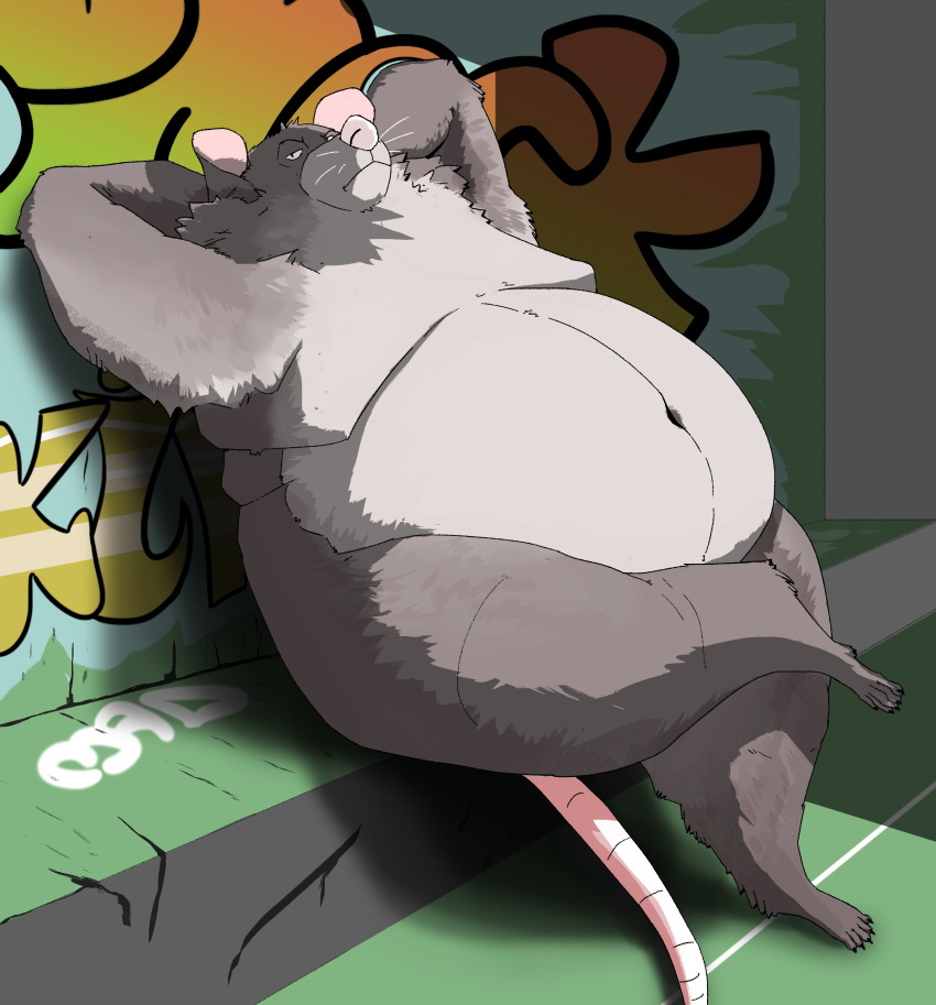 2024 absurd_res anthro belly big_belly detailed_background feedtheboss fur grey_body grey_fur hi_res male mammal moobs murid murine navel overweight overweight_male rat rodent sitting solo