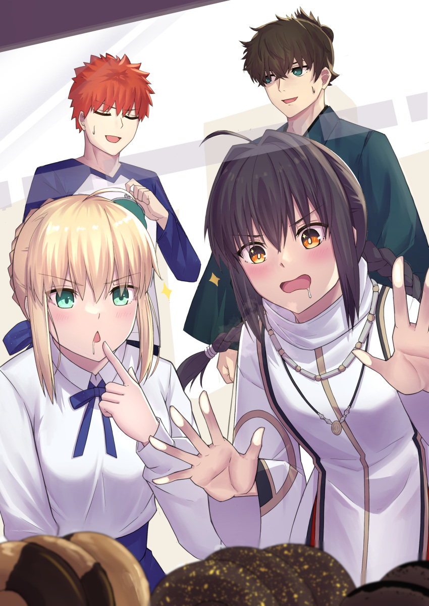 1girl 1other 2boys absurdres against_glass ahoge artoria_pendragon_(fate) black_hair blonde_hair blue_eyes braid brown_eyes brown_hair coin_purse cookie drooling emiya_shirou fate/samurai_remnant fate/stay_night fate_(series) food green_eyes highres hungry jewelry miyamoto_iori_(fate) multiple_boys natu_zame pendant red_hair saber_(fate) yamato_takeru_(fate)