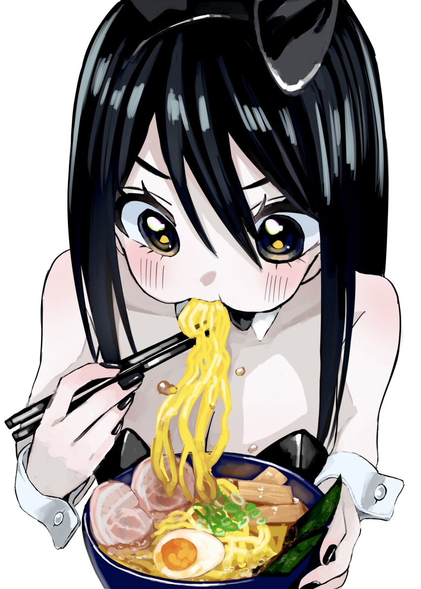 1girl animal_ears black_eyes black_hair black_leotard black_nails blush bowl breasts chopsticks cleavage commentary eating egg_(food) fake_animal_ears food food_in_mouth from_above hair_between_eyes highres holding holding_bowl holding_chopsticks leotard noodles nori_(seaweed) original playboy_bunny pork puffy_cheeks rabbit_ears ramen solo strapless strapless_leotard symbol-only_commentary urokogaran v-shaped_eyebrows white_background white_wrist_cuffs wrist_cuffs