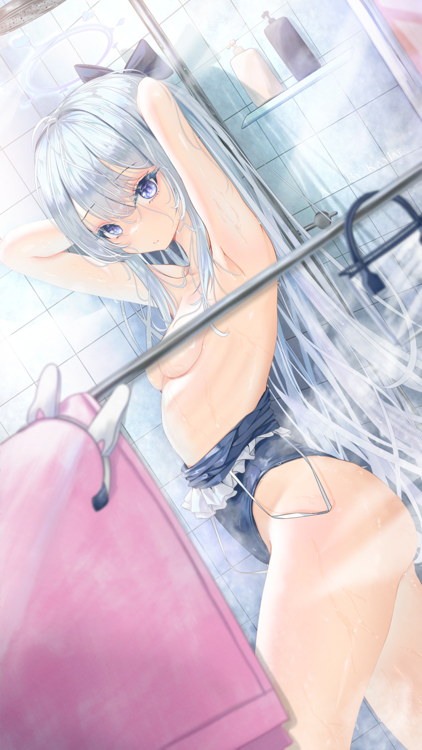 1girl armpits arms_up bathing blue_archive blue_bow bow breasts clothes_lift commentary_request highres kayjae long_hair miyako_(blue_archive) miyako_(swimsuit)_(blue_archive) official_alternate_costume official_alternate_hairstyle ponytail small_breasts solo swimsuit swimsuit_lift thighs tile_wall tiles