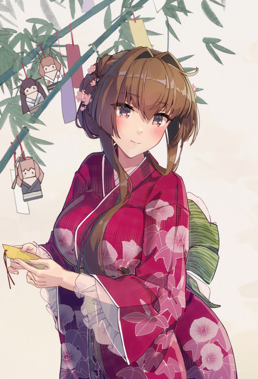 1girl alternate_costume alternate_hairstyle blush brown_eyes brown_hair closed_mouth floral_print flower hair_between_eyes hair_flower hair_intakes hair_ornament highres himeyamato japanese_clothes kantai_collection kimono long_hair long_sleeves morning_glory_print mutsu_(kancolle) nagato_(kancolle) pink_flower print_kimono red_kimono revision saratoga_(kancolle) sidelocks signature solo tanabata tanzaku wide_sleeves yamato_(kancolle) yukata