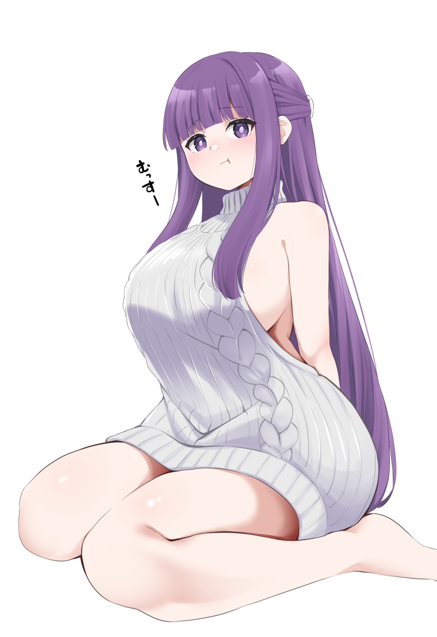 1girl :t aran_sweater backless_dress backless_outfit bare_legs barefoot blunt_bangs breasts cable_knit commentary_request dress fern_(sousou_no_frieren) grey_sweater highres kanmuri_(kannmuri0227) large_breasts long_hair looking_at_viewer meme_attire naked_sweater pout purple_eyes purple_hair sitting sleeveless sleeveless_sweater sleeveless_turtleneck solo sousou_no_frieren sweater sweater_dress turtleneck virgin_killer_sweater wariza white_background