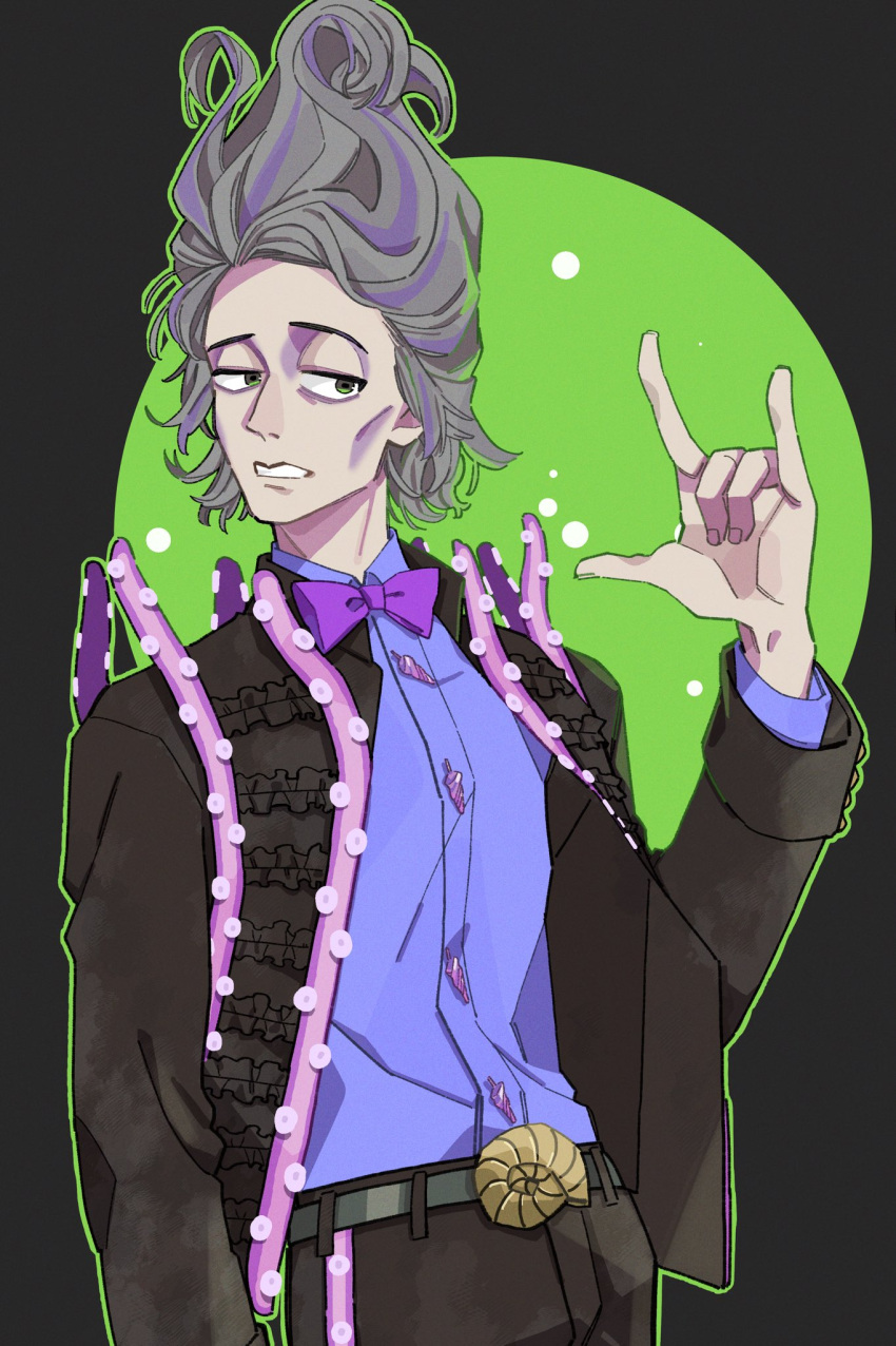 1boy 8-foot_joe bow bowtie clenched_teeth disneyland formal frills green_eyes green_outline grey_hair highres long_sleeves looking_at_viewer male_focus multicolored_hair outline pale_skin purple_hair recruiters_(disney) seashell shell shell_buttons solo streaked_hair suit sweetp247 teeth tentacle_clothes tokyo_disneysea