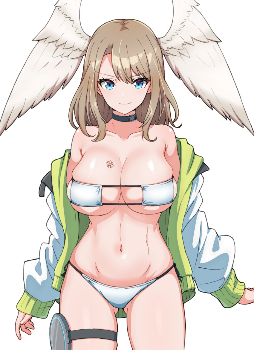 1girl ass_visible_through_thighs asymmetrical_bangs bikini black_choker blue_eyes breasts brown_hair chest_tattoo choker closed_mouth collarbone eunie_(xenoblade) eyepatch_bikini green_jacket head_wings highres jacket kamidan large_breasts looking_at_viewer medium_hair multicolored_clothes multicolored_jacket navel skindentation sleeves_past_wrists smile solo swimsuit tattoo thigh_strap two-tone_jacket white_background white_jacket white_wings wings xenoblade_chronicles_(series) xenoblade_chronicles_3