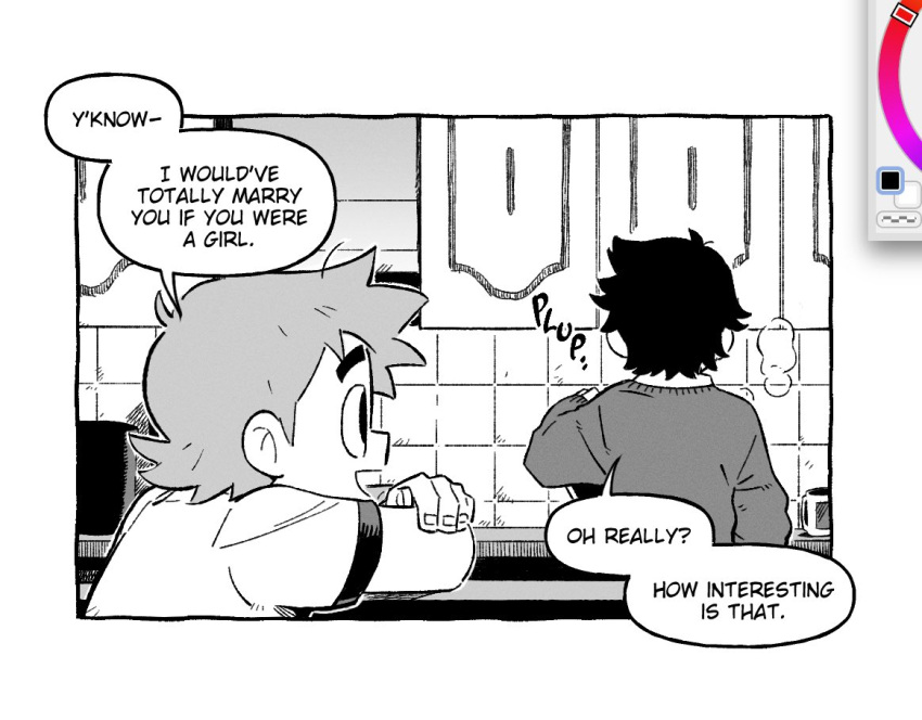 2boys art_program_in_frame english_text greyscale indoors kitchen looking_at_viewer male_focus monochrome multiple_boys open_mouth ryaa1234 scott_pilgrim scott_pilgrim_(series) scott_pilgrim_takes_off shirt short_hair smile speech_bubble wallace_wells