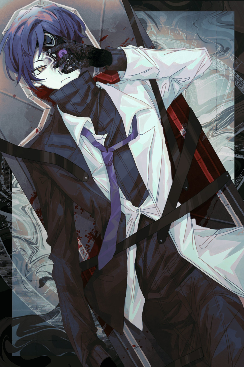 1boy 7_yukizi absurdres arm_up artificial_eye black_gloves black_jacket black_pants black_sweater closed_mouth collared_shirt gabriel_(project_moon) gloves highres jacket lobotomy_corporation looking_at_viewer mechanical_eye necktie pants project_moon purple_eyes purple_hair purple_necktie shirt sweater white_shirt yellow_eyes yesod_(project_moon)