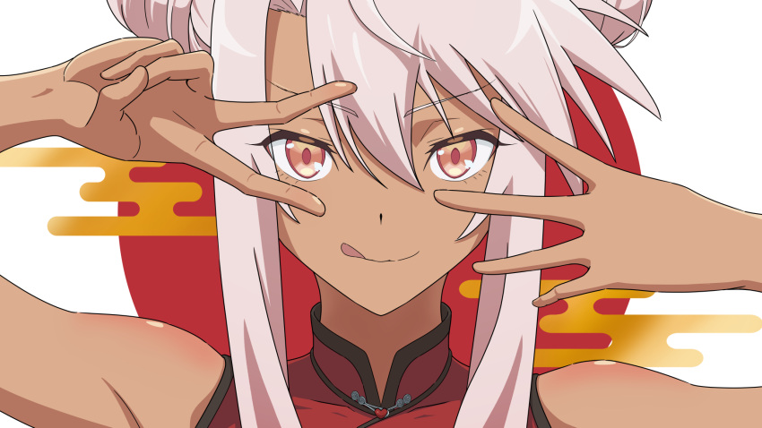 19_chisinlo 1girl bare_shoulders china_dress chinese_clothes chloe_von_einzbern dark-skinned_female dark_skin double_bun dress fate/kaleid_liner_prisma_illya fate_(series) hair_bun highres licking_lips long_hair looking_at_viewer orange_eyes pink_hair red_dress sidelocks smile solo tongue tongue_out