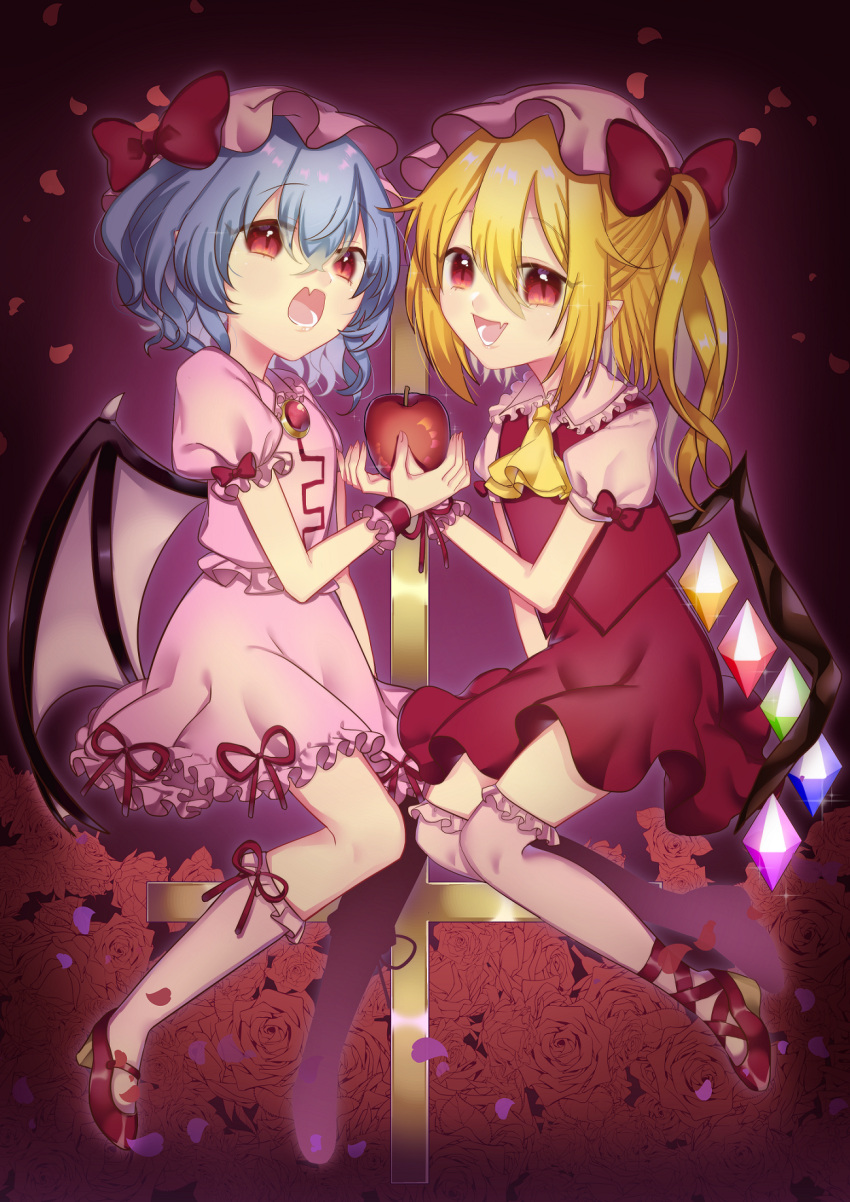 2girls aikoi_(arararaaren) apple ascot bat_wings blonde_hair blue_hair brooch collared_shirt fang flandre_scarlet food frilled_shirt frilled_shirt_collar frilled_skirt frilled_sleeves frilled_socks frills from_side fruit full_body hair_between_eyes hat highres holding holding_food holding_fruit jewelry looking_at_viewer mary_janes medium_hair mob_cap multicolored_wings multiple_girls one_side_up open_mouth over-kneehighs pik_pikn pink_headwear pink_skirt pointy_ears red_apple red_brooch red_eyes red_footwear red_ribbon red_skirt red_vest remilia_scarlet ribbon shirt shoes siblings sisters skin_fang skirt socks teeth thighhighs touhou vest white_shirt white_socks wings yellow_ascot