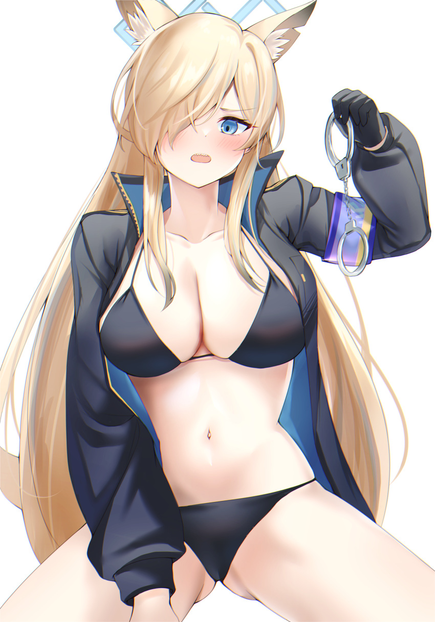 1girl absurdres animal_ears bikini black_bikini black_gloves black_jacket blonde_hair blue_archive blue_eyes blush breasts cuffs gloves handcuffs highres holding holding_handcuffs jacket kanna_(blue_archive) large_breasts long_hair long_sleeves looking_at_viewer navel open_clothes open_jacket open_mouth sharp_teeth simple_background sitting solo stomach straight-on swimsuit teeth thighs very_long_hair white_background yahan_(mctr5253)