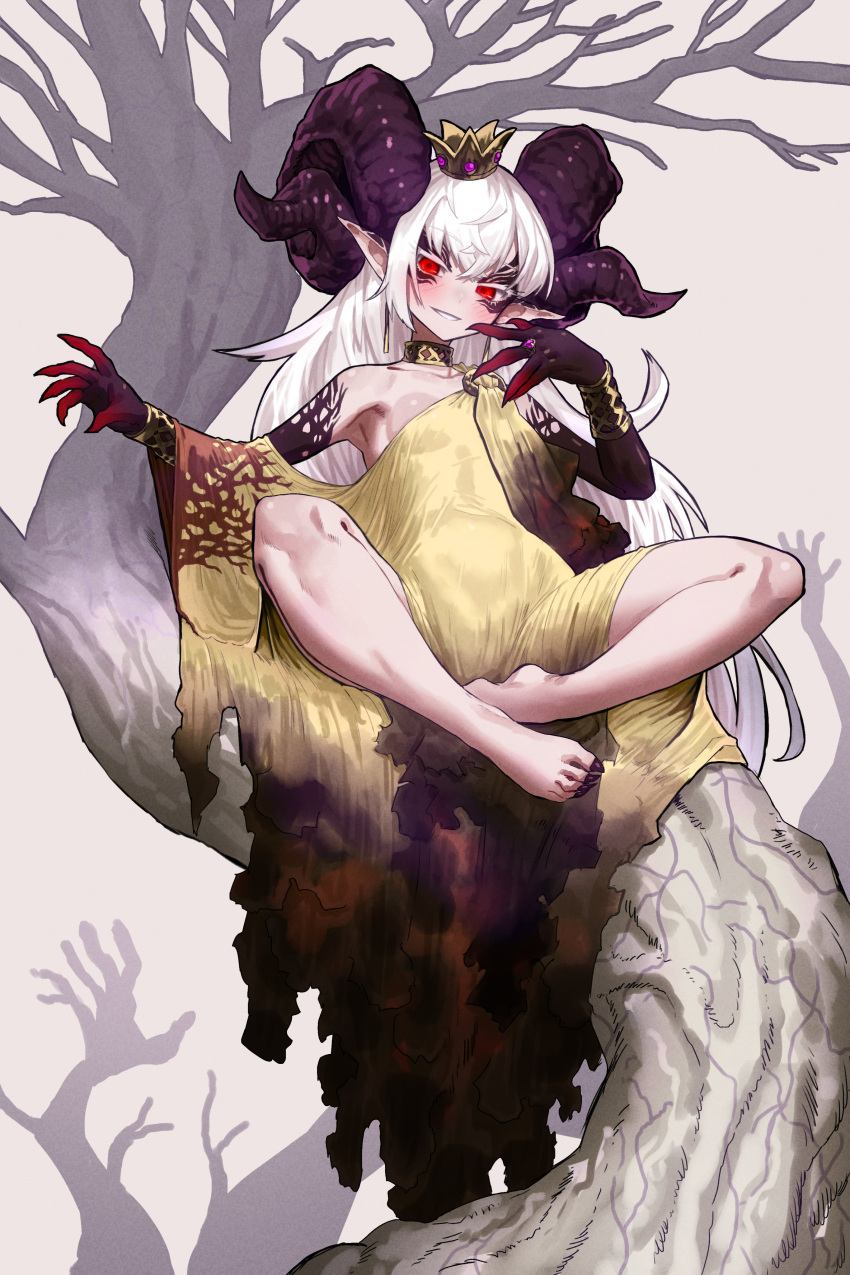1girl absurdres bare_legs barefoot black_horns black_nails black_skin blush bracer breasts claws colored_skin commentary_request crown curled_horns demon_girl dress ekrea_jan facial_tattoo full_body gold_choker highres horns in_tree jewelry long_dress long_hair looking_at_viewer loose_clothes mini_crown multicolored_skin no_bra original pale_skin pointy_ears red_eyes ring sharp_toenails single_strap sitting sitting_in_tree small_breasts solo tattoo toenails tree very_long_hair white_hair yellow_dress