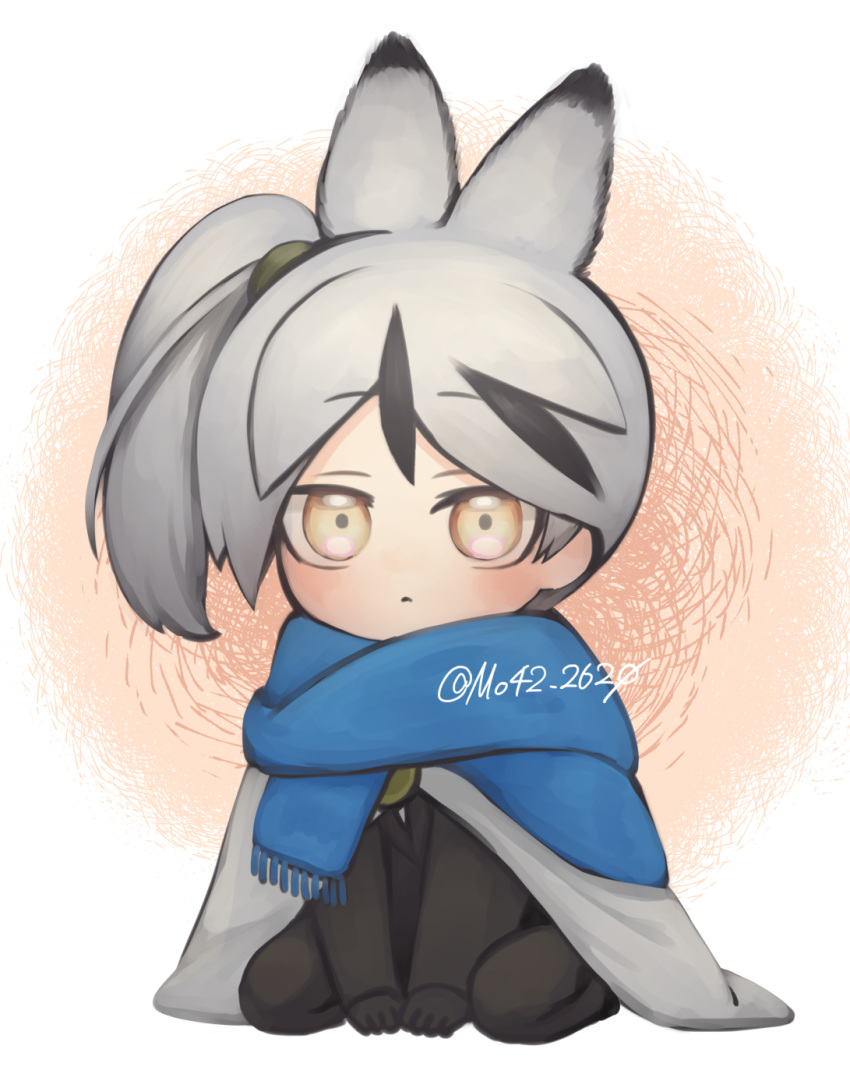 1boy animal_ears black_jacket black_pants blue_scarf cape closed_mouth highres jacket library_of_ruina looking_at_viewer male_focus moribe_denkou pants project_moon rabbit_ears scarf side_ponytail simple_background solo v white_background white_cape white_hair yan_vismok yellow_eyes