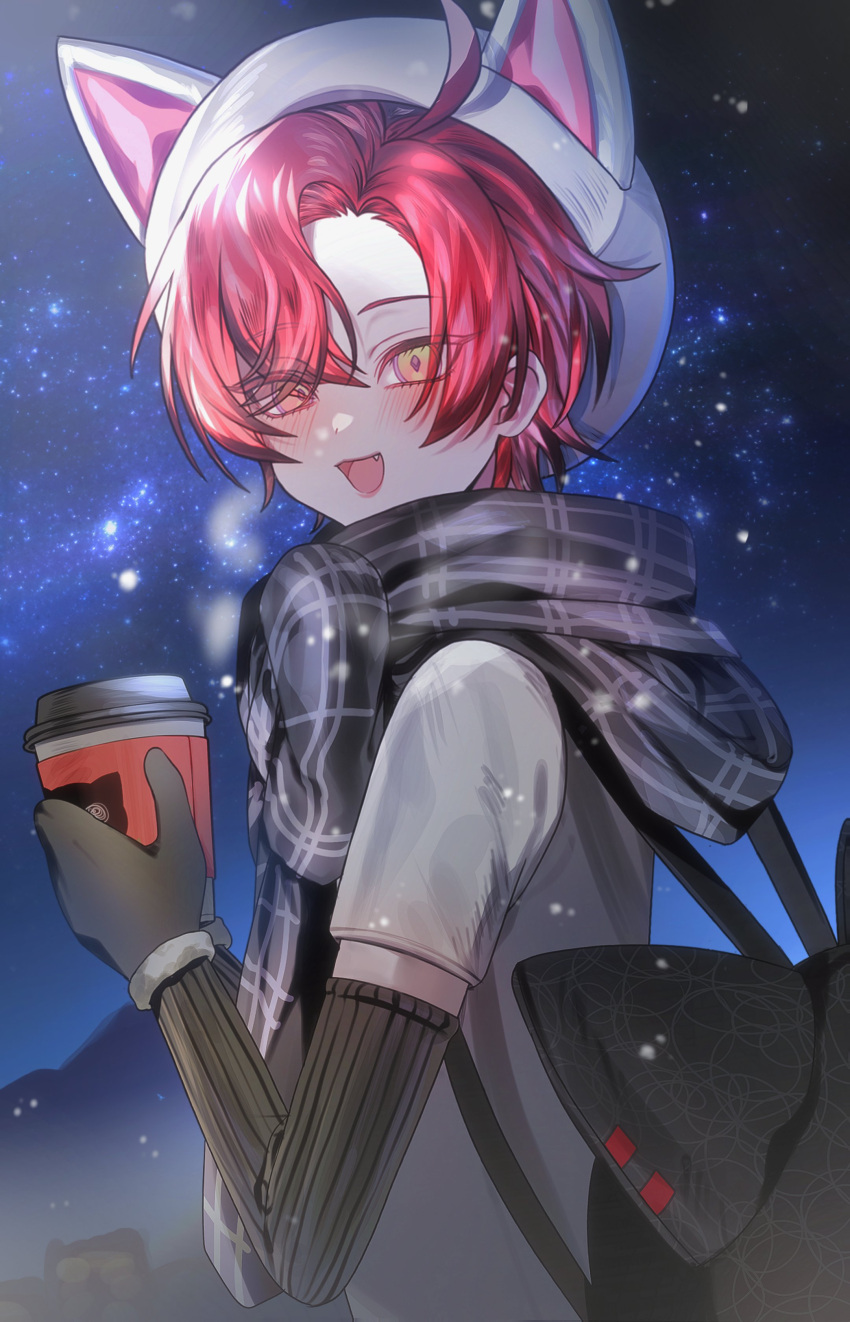 1boy absurdres animal_ear_headwear backpack bag black_mittens blush coffee_cup creature cup disposable_cup drink fangs from_side hat highres holding holding_drink holostars holostars_english looking_at_viewer machina_x_flayon machiroon_(machina_x_flayon) male_focus mittens night night_sky open_mouth plaid plaid_scarf pure_(berrypure) red_hair scarf short_hair sky solo star_(sky) starry_sky upper_body virtual_youtuber white_headwear winter yellow_eyes