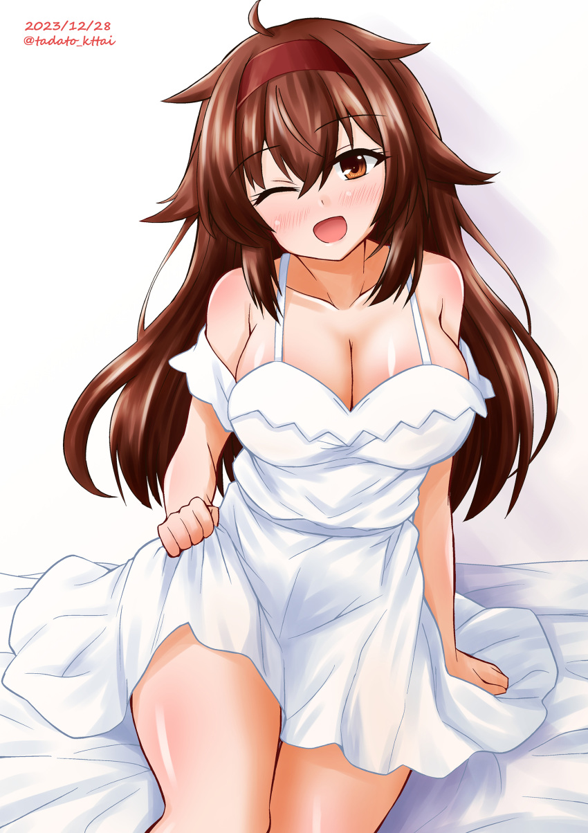 1girl ;d absurdres ahoge alternate_costume breasts brown_eyes brown_hair cleavage dated dress hair_between_eyes hair_flaps hairband highres kamiya_tadato kantai_collection large_breasts long_hair looking_at_viewer one_eye_closed red_hairband shiratsuyu_(kancolle) shiratsuyu_kai_ni_(kancolle) simple_background sleeveless sleeveless_dress smile solo twitter_username white_background white_dress