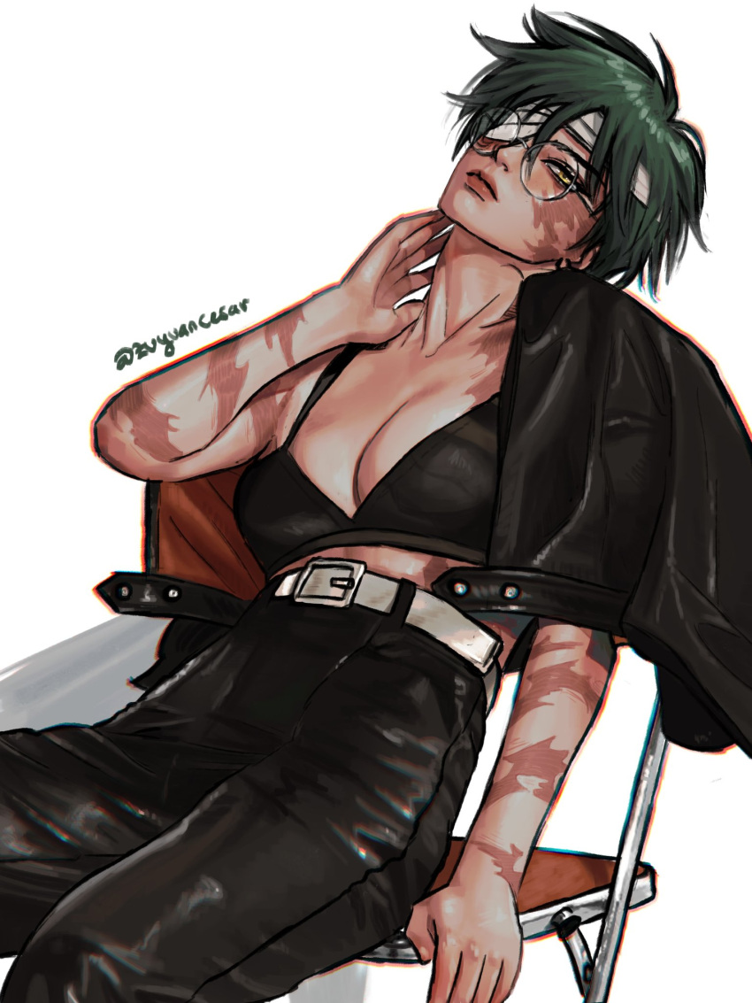 1girl arm_at_side artist_name bandage_over_one_eye belt black_bra black_jacket black_pants bra breasts burn_scar chair closed_mouth collarbone cowboy_shot folding_chair from_side green_hair half-closed_eyes hand_up head_tilt highres jacket jacket_on_shoulders jujutsu_kaisen leaning_back looking_at_viewer one_eye_covered pants round_eyewear scar scar_on_arm scar_on_face short_hair simple_background sitting solo underwear white_background yellow_eyes zen'in_maki zu_yuan_cesar