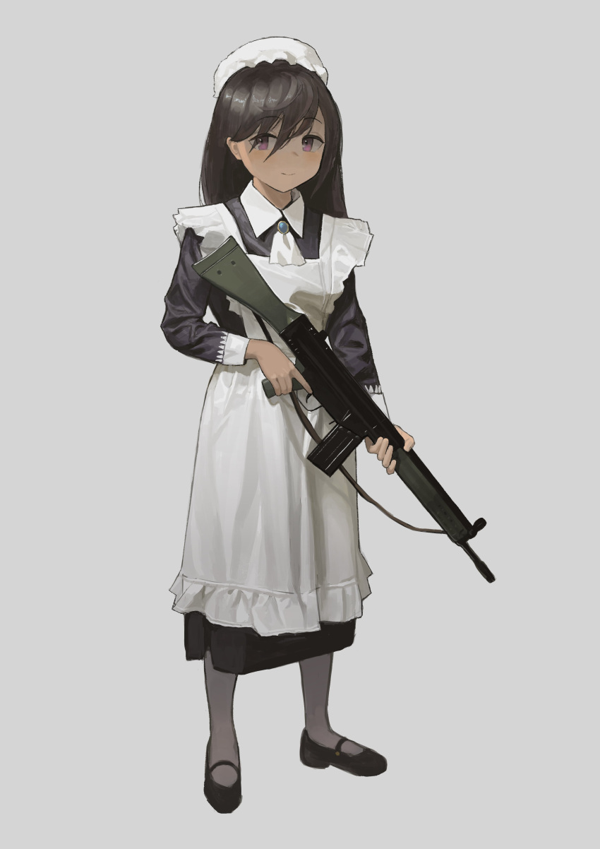 1girl absurdres battle_rifle black_dress black_hair closed_mouth commission dress garoppui grey_background gun h&amp;k_g3 highres holding holding_gun holding_weapon long_hair long_sleeves looking_at_viewer maid original purple_eyes rifle simple_background skeb_commission smile solo trigger_discipline weapon white_headwear