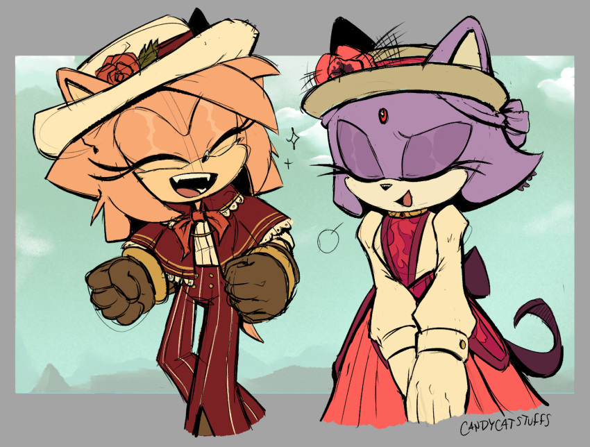 2girls amy_rose animal_ears blaze_the_cat candycatstuffs cat_ears cat_girl closed_eyes cowboy_western dress fangs flower forehead_jewel furry furry_female gloves hat hat_flower hedgehog_girl multiple_girls pants pink_fur purple_fur smile sonic_(series)