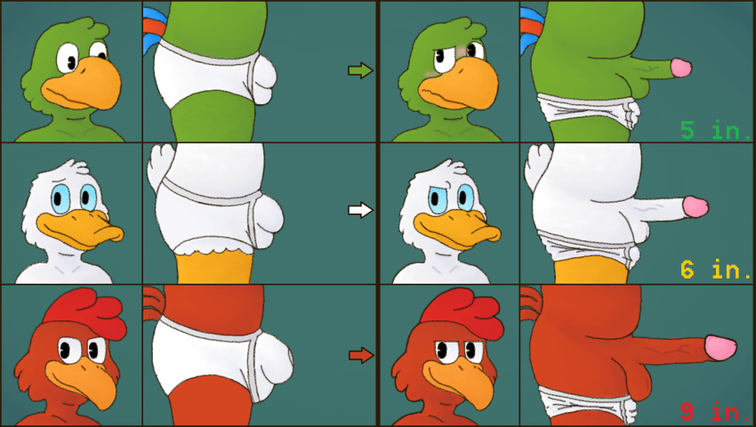 anthro beak black_eyes blue_body blue_feathers blue_sclera blush briefs briefs_only bulge circumcised clothed clothing colored_seam_underwear directional_arrow disney donald_duck embarrassed english_text feathers genitals gramy green_body green_feathers grey_seam_briefs grey_seam_underwear group hi_res humiliation jose_carioca male number orange_beak panchito_pistoles partially_clothed penis penis_size_comparison red_body red_feathers smile story story_in_description text tighty_whities topless trio underwear underwear_down underwear_only white_briefs white_clothing white_underwear