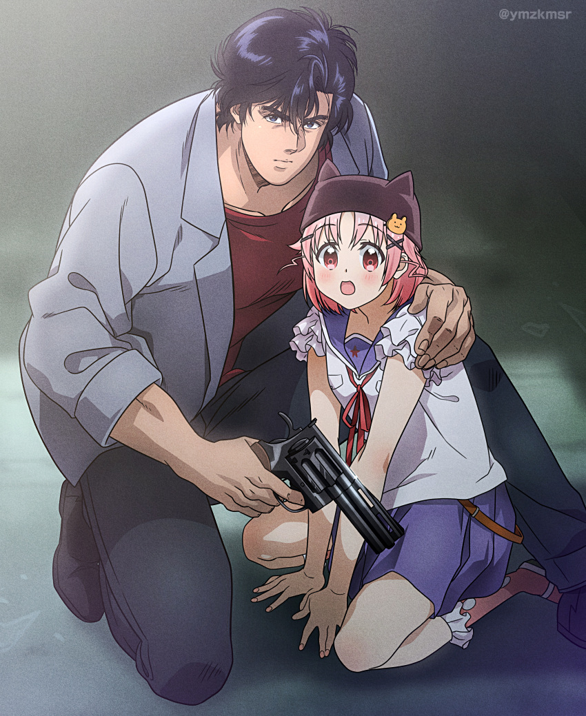 1boy 1girl absurdres animal_hat black_pants blue_sailor_collar blue_skirt city_hunter colt_python commentary_request crossover fingernails gakkou_gurashi! grey_jacket gun hand_on_another's_shoulder handgun hat highres jacket manly megurigaoka_high_school_uniform pants pink_hair pleated_skirt red_eyes red_shirt revolver saeba_ryou sailor_collar school_uniform shirt short_hair skirt takeya_yuki twitter_username weapon yuu_(masarunomori)