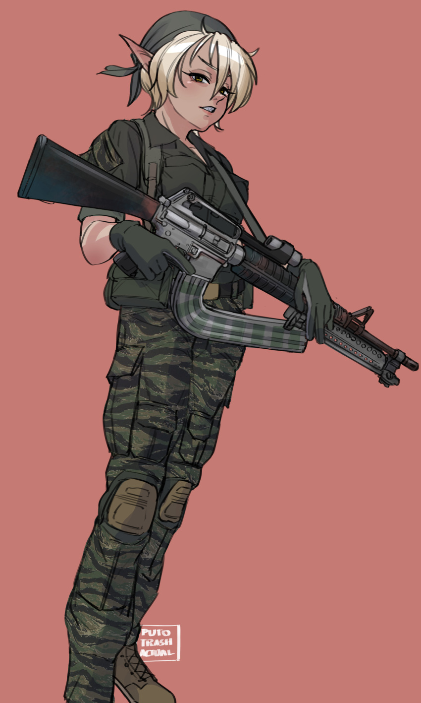 1girl absurdres assault_rifle bandana bipod blonde_hair boots brown_footwear camouflage camouflage_pants check_weapon dark_elf elf english_commentary extended_magazine foot_out_of_frame full_body gloves green_bandana green_gloves green_pants gun highres knee_pads looking_at_viewer m16 m16a4 military original pants parted_lips philippines pointy_ears puto_trash rifle scope sharp_teeth short_hair short_sleeves simple_background soldier solo standing tactical_clothes teeth tiger_stripes trigger_discipline weapon yellow_eyes