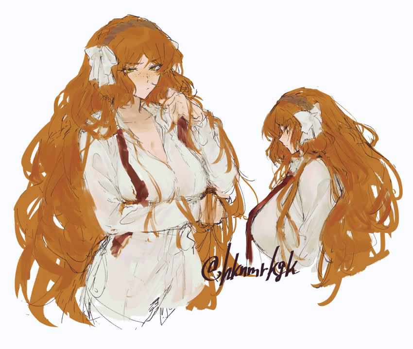 1girl bow breasts cleavage closed_mouth collarbone freckles green_eyes hair_bow highres ishmael_(project_moon) large_breasts limbus_company long_hair multiple_views necktie orange_hair project_moon red_necktie senichi sidelocks undone_necktie upper_body very_long_hair white_bow