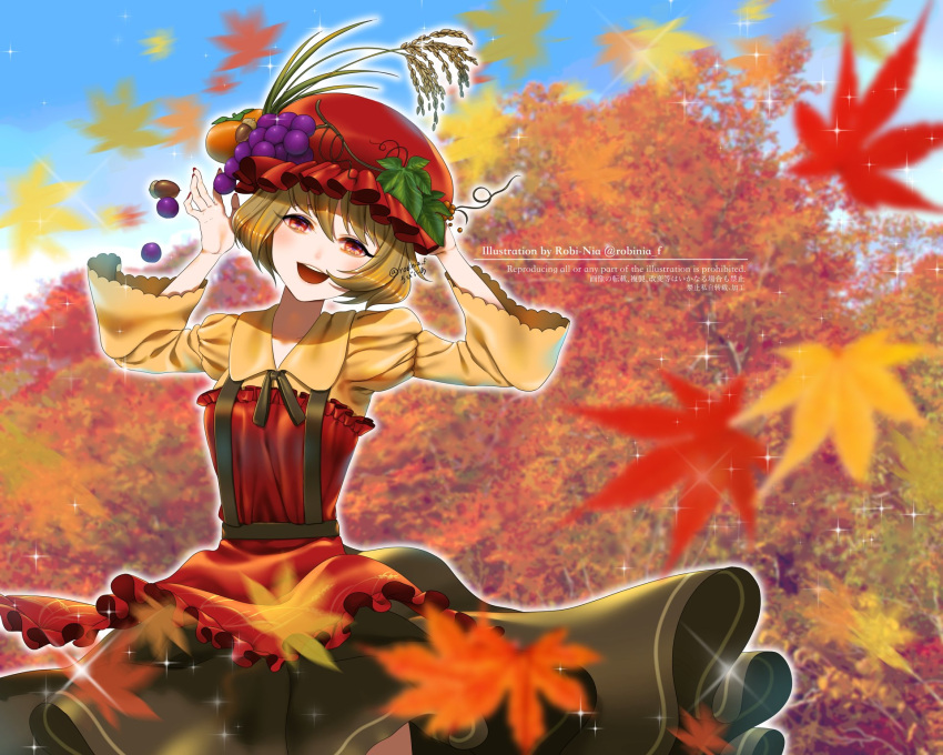 1girl aki_minoriko apron autumn_leaves black_dress blonde_hair cloud cloudy_sky dress food food-themed_hair_ornament frilled_apron frills fruit fruit_hat_ornament grape_hair_ornament grapes hair_ornament hat hat_leaf highres leaf long_sleeves looking_at_viewer maple_leaf mob_cap nature open_mouth outdoors puffy_long_sleeves puffy_sleeves red_apron red_eyes red_headwear robinia_f short_hair sky smile solo touhou