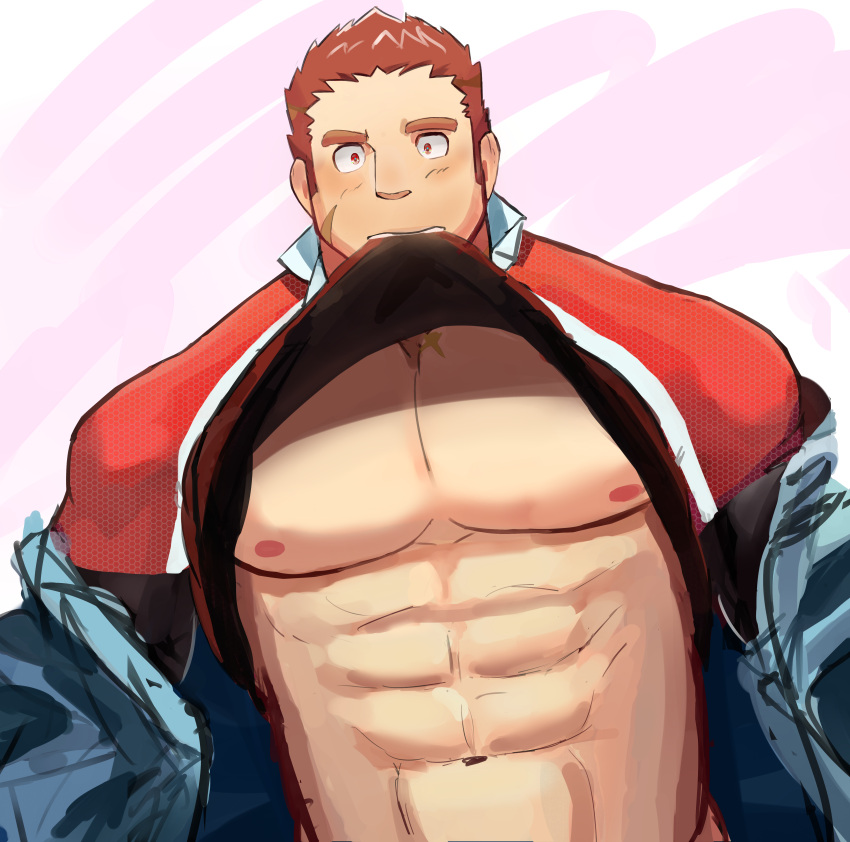 1boy abs absurdres bara bare_pectorals blush brown_hair clothes_in_mouth facial_hair goatee highres huge_pectorals konpei_daidai looking_at_viewer male_focus mouth_hold muscular muscular_male nipples pectorals rugby_uniform sanpaku scar scar_on_cheek scar_on_face shirt_in_mouth short_hair shy solo spiked_hair sportswear strongman_waist stubble tamamura_gunzo thick_eyebrows tokyo_afterschool_summoners upper_body