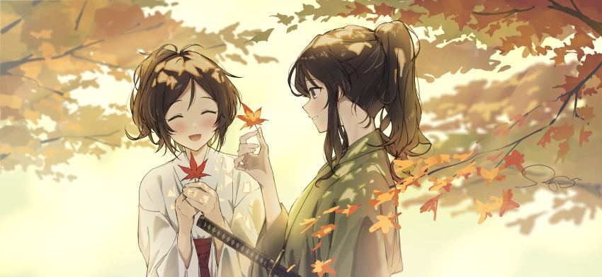 2girls ^_^ black_hair blush closed_eyes domyoji_karin green_kimono hakama highres holding holding_leaf idolmaster idolmaster_cinderella_girls japanese_clothes katana kimono kosode leaf light_smile maple_leaf miko multiple_girls outdoors own_hands_together ponytail red_hakama samurai sanpo_(sanpo_1027) signature sword takamori_aiko upper_body weapon