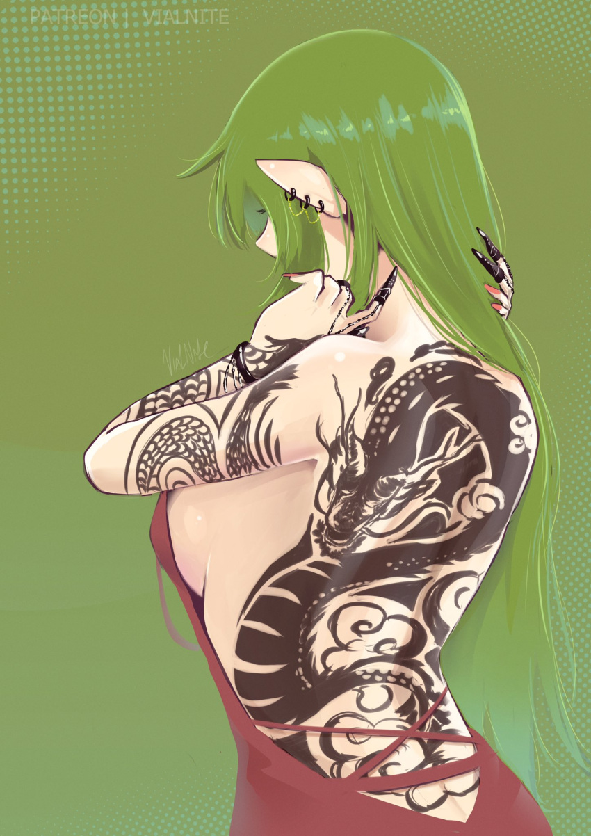 1girl alternate_costume alternate_hairstyle back back_tattoo backless_outfit bare_shoulders breasts commentary dragon_tattoo dress ear_piercing english_commentary eyelashes fire_emblem fire_emblem_awakening from_behind green_background green_hair highres long_hair medium_breasts nail_polish patreon_username piercing pointy_ears red_dress red_nails sideboob signature simple_background solo tattoo tiki_(adult)_(fire_emblem) tiki_(fire_emblem) vialnite watermark