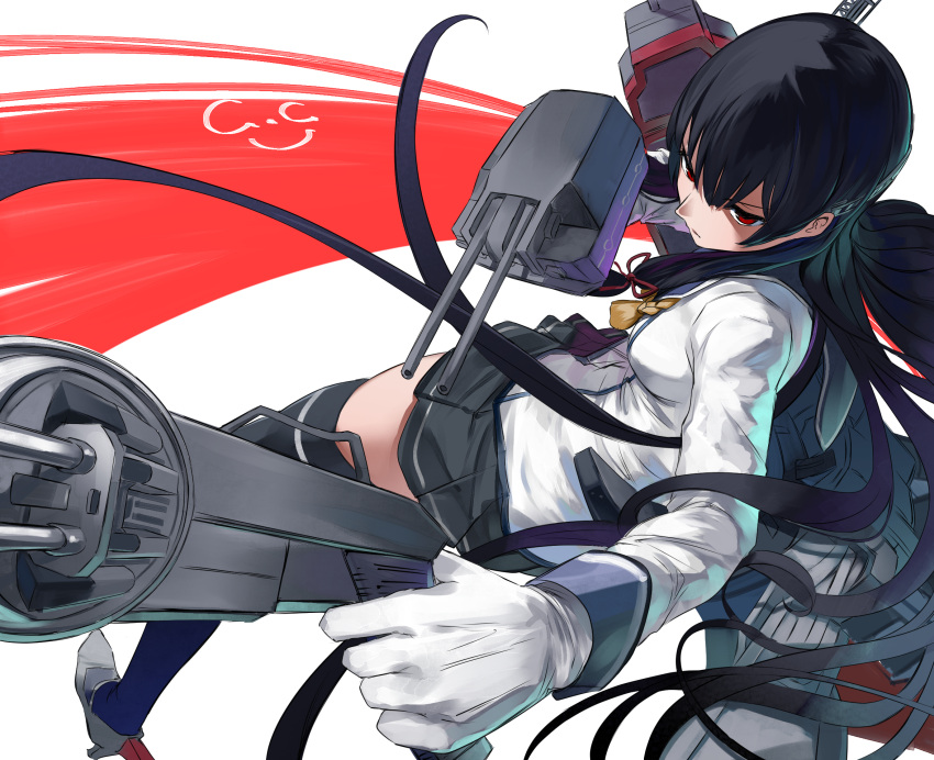 1girl adapted_turret anti-aircraft anti-aircraft_gun asymmetrical_legwear black_hair black_thighhighs blush breasts cannon gegeron gloves hair_ornament hair_ribbon highres isokaze_(kancolle) kantai_collection long_hair long_sleeves looking_at_viewer machinery neckerchief pleated_skirt red_eyes ribbon rigging school_uniform serafuku serious shirt short_hair signature single_sock single_thighhigh skirt smokestack socks solo thighhighs torpedo_launcher tress_ribbon turret white_background white_gloves white_shirt yellow_neckerchief