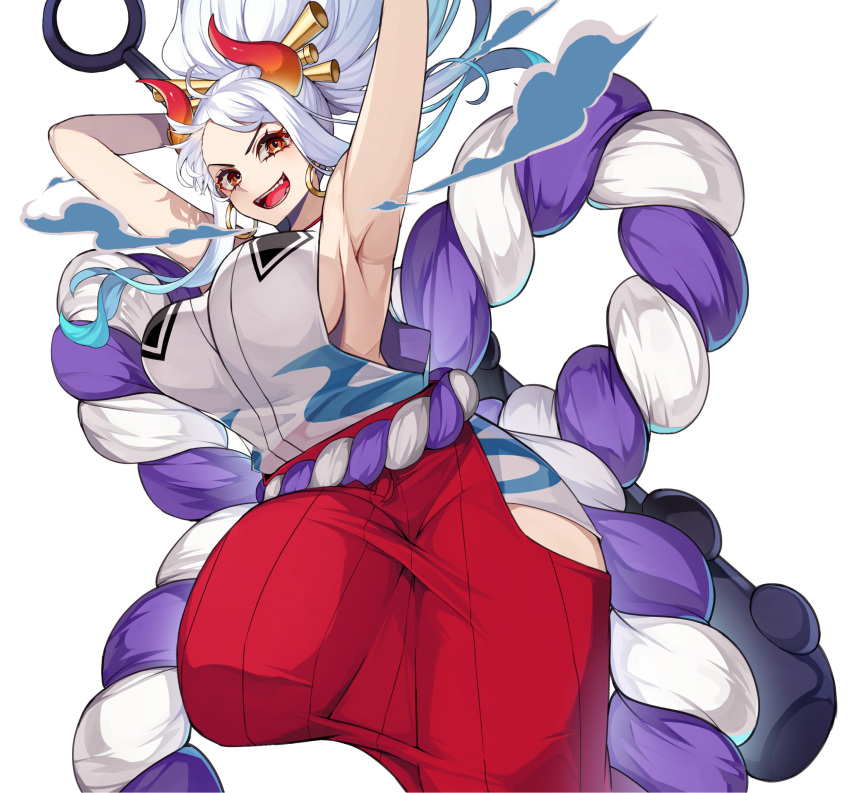 1girl armpits breasts club_(weapon) crazy_otama curled_horns earrings green_hair hair_ornament hair_stick hakama hakama_pants highres hoop_earrings horns japanese_clothes jewelry kimono large_breasts long_hair multicolored_hair multicolored_horns one_piece oni open_mouth orange_eyes orange_horns pants red_horns rope shimenawa sleeveless sleeveless_kimono solo spiked_club thick_thighs thighs weapon white_hair yamato_(one_piece) yellow_horns