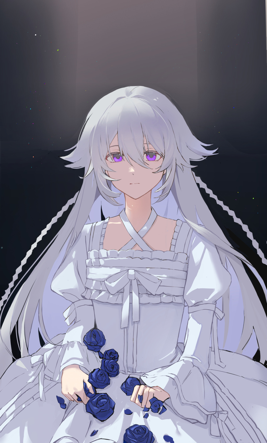 absurdres blue_flower blue_rose cowboy_shot dress expressionless flower highres long_hair looking_at_viewer pandora_hearts purple_eyes rose very_long_hair white_dress white_hair wide_sleeves will_of_the_abyss xiuning233